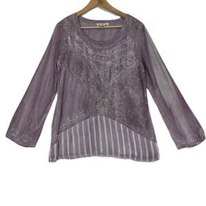 Indigo Thread Co Woven Embellished Chiffon Hem Top Womens M Boho Lagenlook Artsy